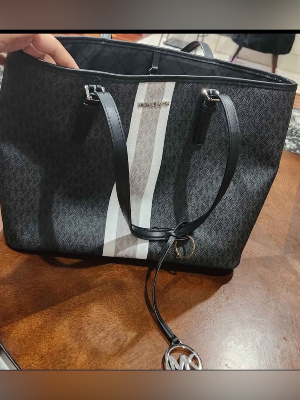 Michael Kors Black Tote with White and Gray Center Stripe